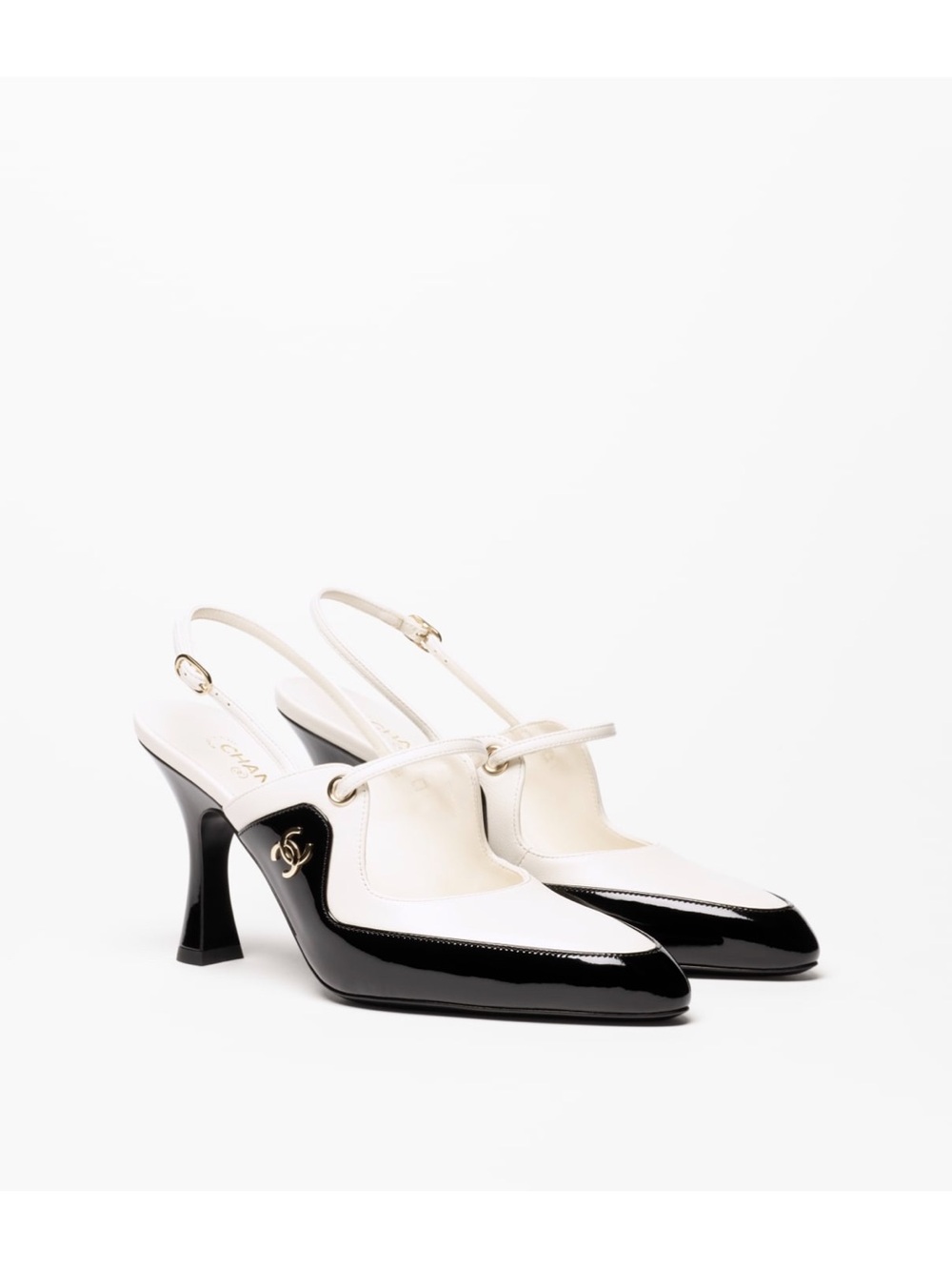 CHANEL Black and White Patent Slingback Pumps with Mary Jane Strap